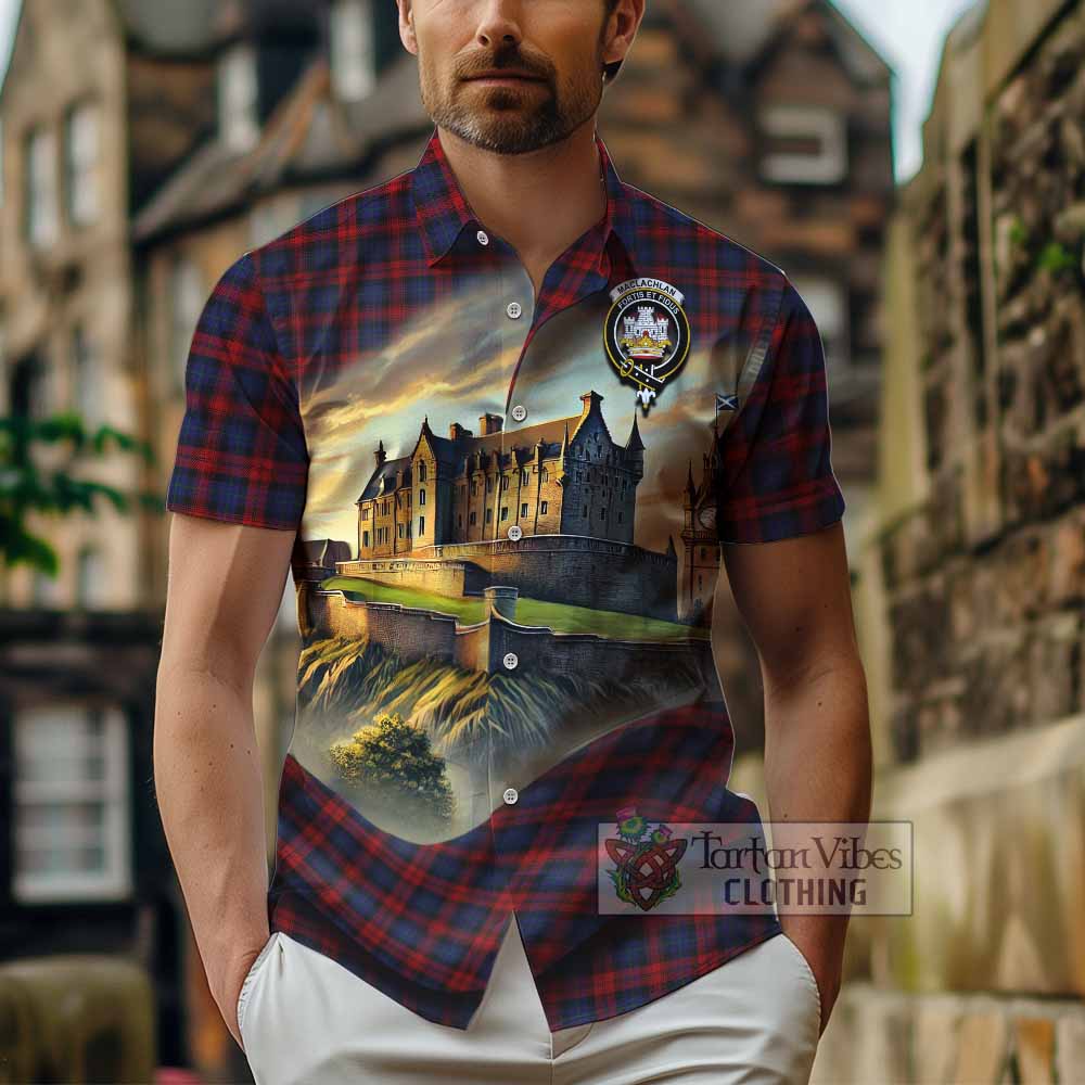Tartan Vibes Clothing MacLachlan (McLachlan) Tartan Family Crest Short Sleeve Button Shirt with Scottish Ancient Castle Style