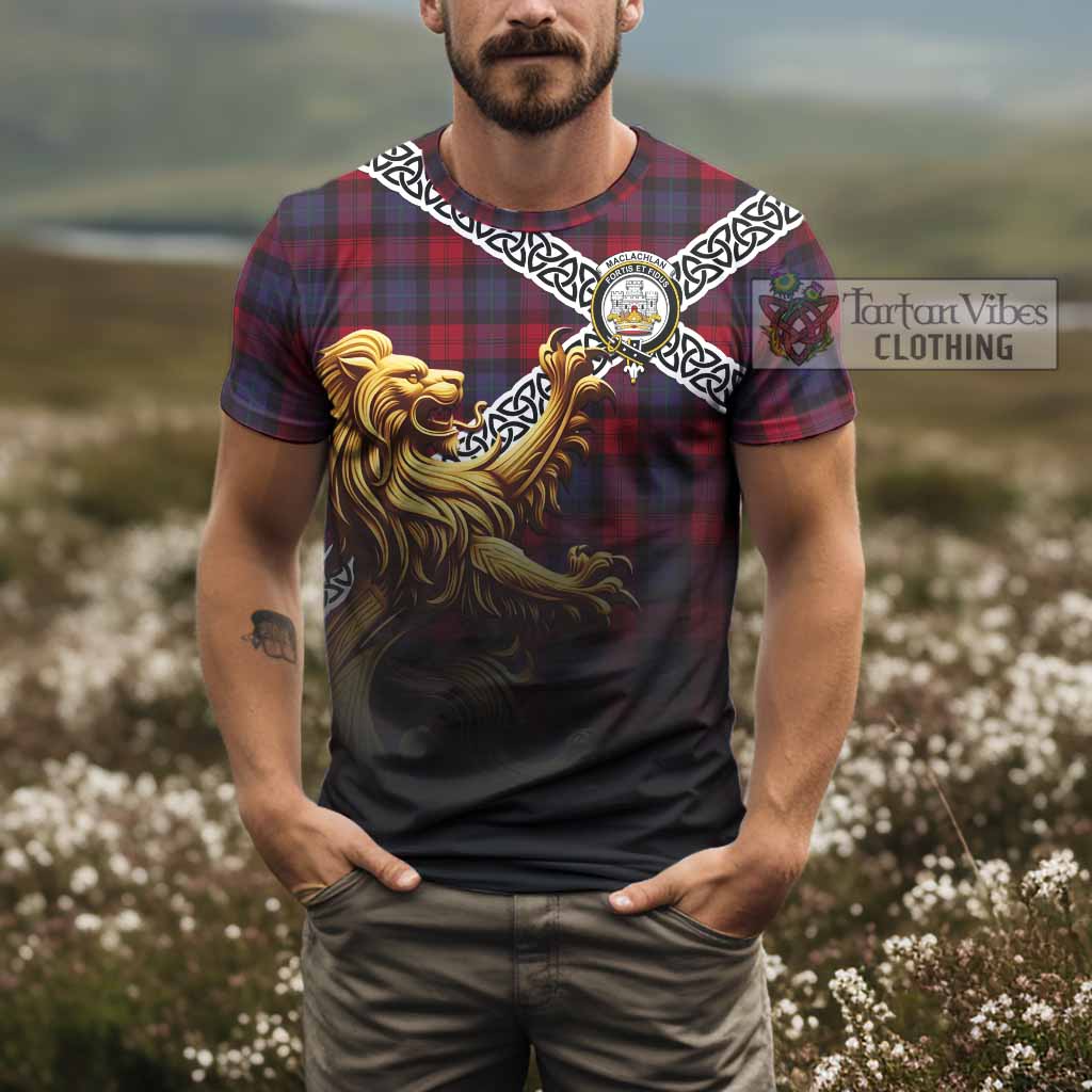 Tartan Vibes Clothing MacLachlan (McLachlan) Crest Tartan T-Shirt with Golden Lion Emblem Celtic Style