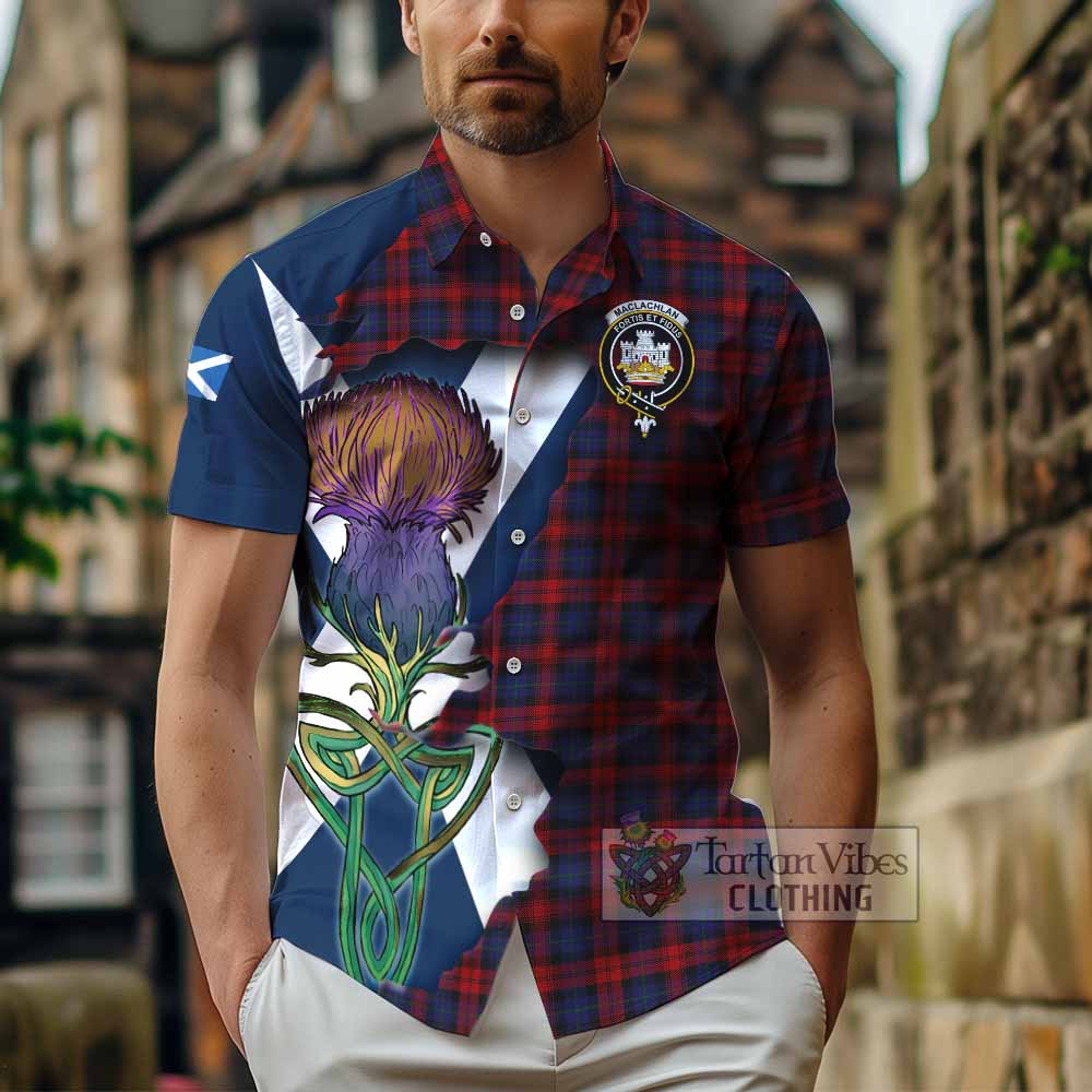 Tartan Vibes Clothing MacLachlan (McLachlan) Tartan Family Crest Short Sleeve Button Shirt Scottish Thistle Celtic Inspired