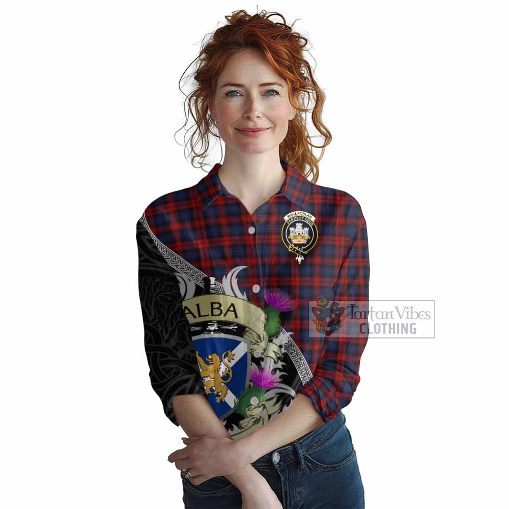 Tartan Vibes Clothing MacLachlan (McLachlan) Tartan Family Crest Women's Casual Shirt Lion Rampant Royal Thistle Shield Celtic Inspired