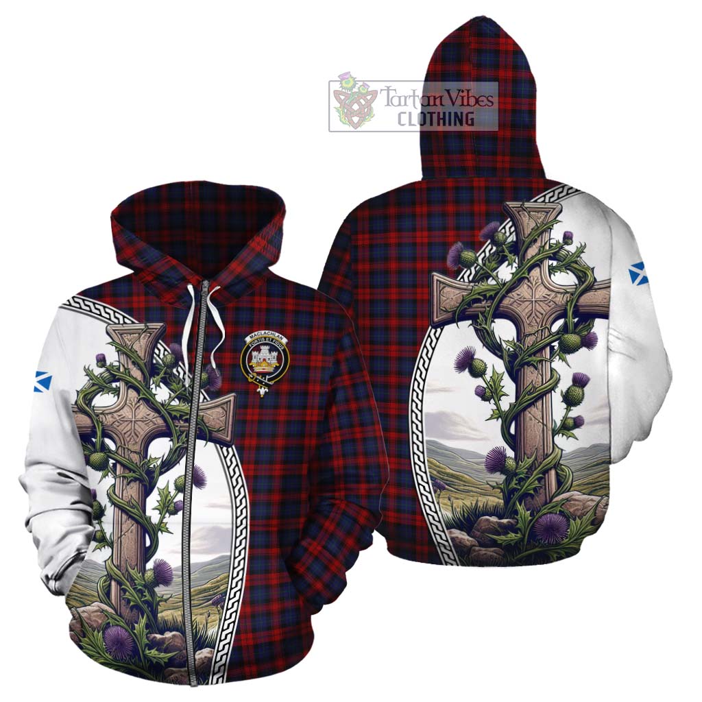 Tartan Vibes Clothing MacLachlan (McLachlan) Tartan Cotton Hoodie with Family Crest and St. Andrew's Cross Accented by Thistle Vines