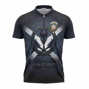 MacLachlan (McLachlan) Clan Crest Zipper Polo Shirt with Celtic Knot Thistle and Saltire