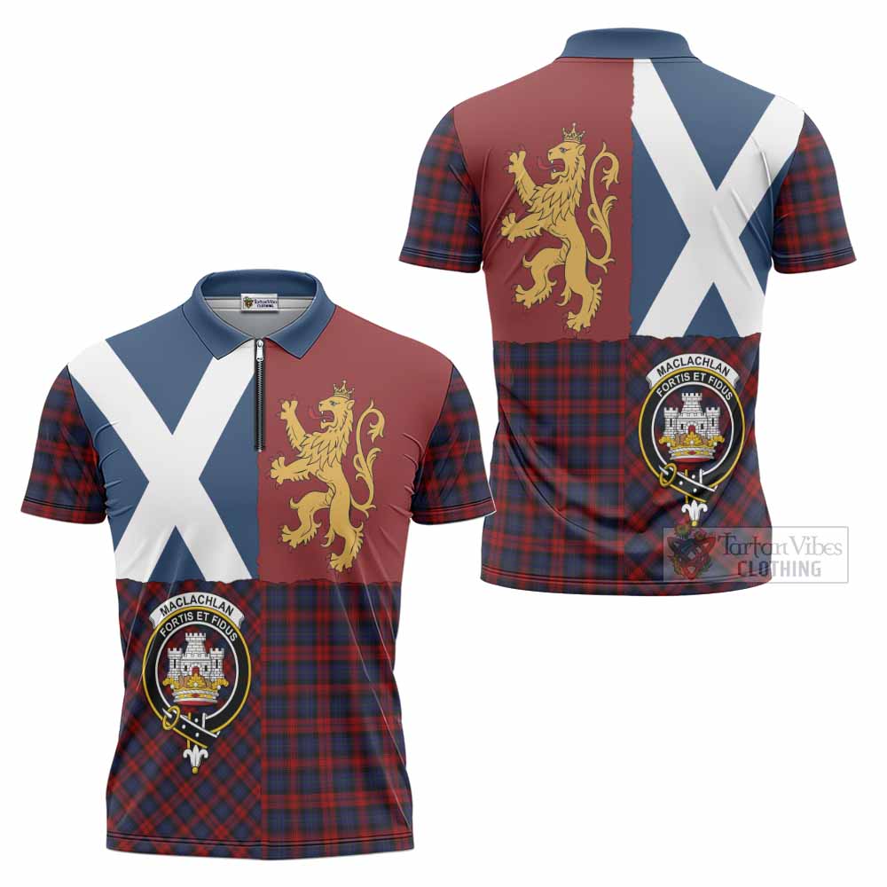 MacLachlan (McLachlan) Crest Tartan Zipper Polo Shirt with Lion Rampant Saltire Style