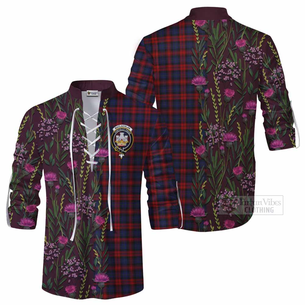MacLachlan (McLachlan) Family Crest Tartan Ghillie Shirt Scottish Thistle Flower Pattern Half Style - Tartan Vibes Clothing