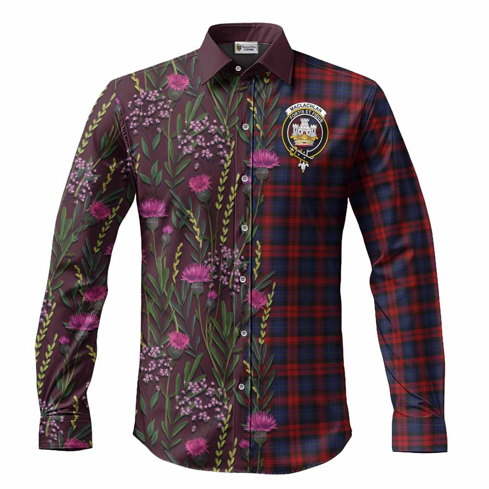 MacLachlan (McLachlan) Family Crest Tartan Long Sleeve Button Shirts Scottish Thistle Flower Pattern Half Style - Tartan Vibes Clothing