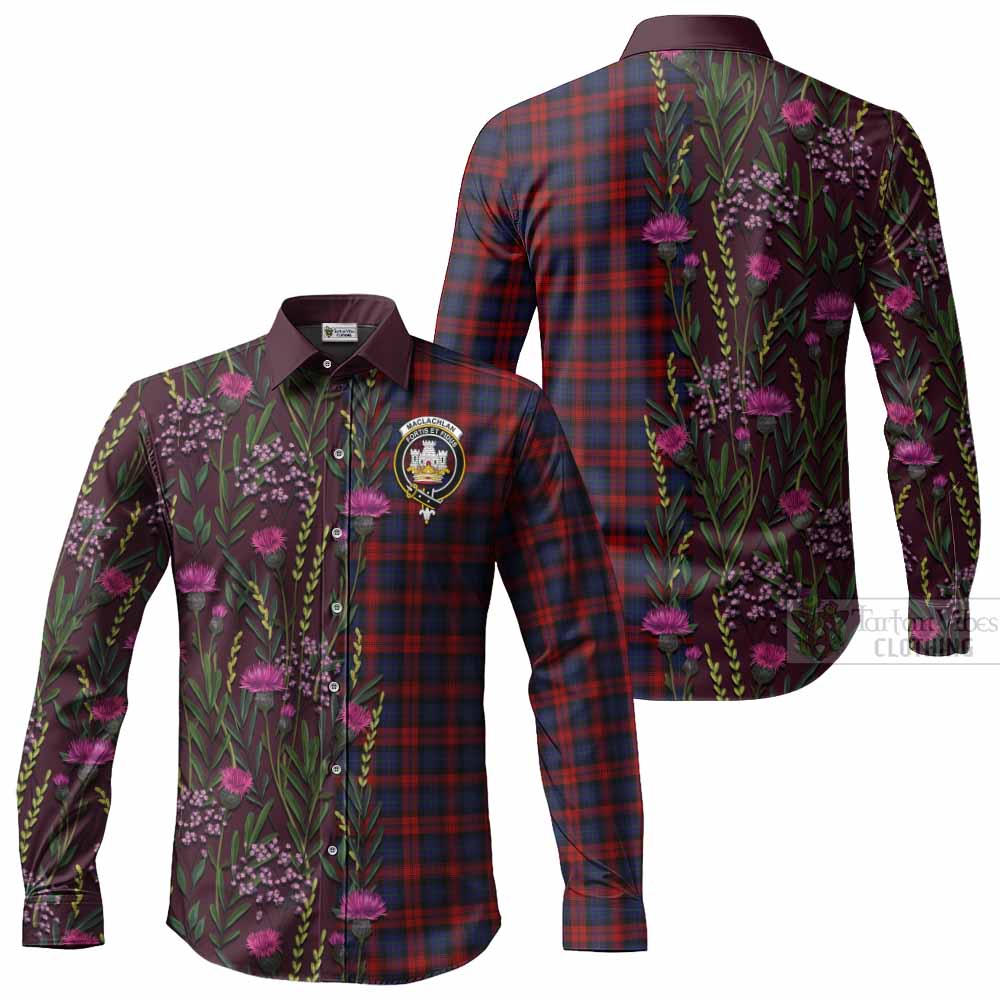 MacLachlan (McLachlan) Family Crest Tartan Long Sleeve Button Shirts Scottish Thistle Flower Pattern Half Style - Tartan Vibes Clothing