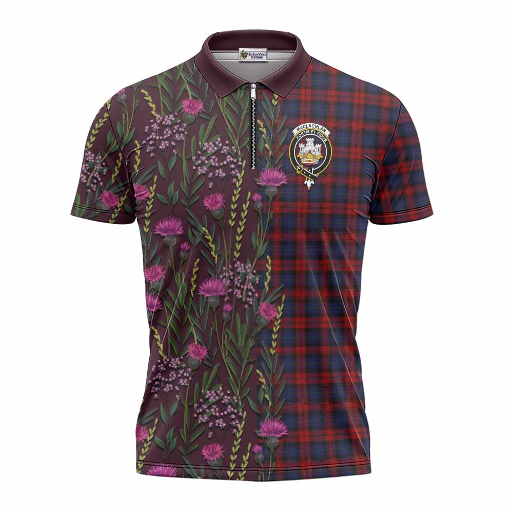 MacLachlan (McLachlan) Family Crest Tartan Zipper Polo Shirt Scottish Thistle Flower Pattern Half Style - Tartan Vibes Clothing