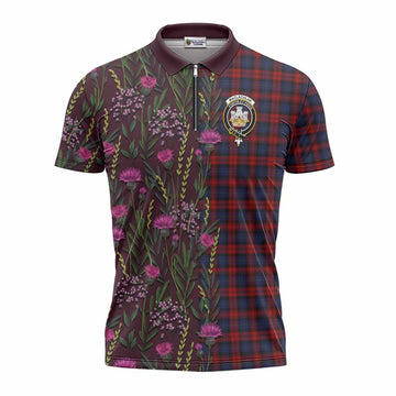 MacLachlan (McLachlan) Family Crest Tartan Zipper Polo Shirt Scottish Thistle Flower Pattern Half Style