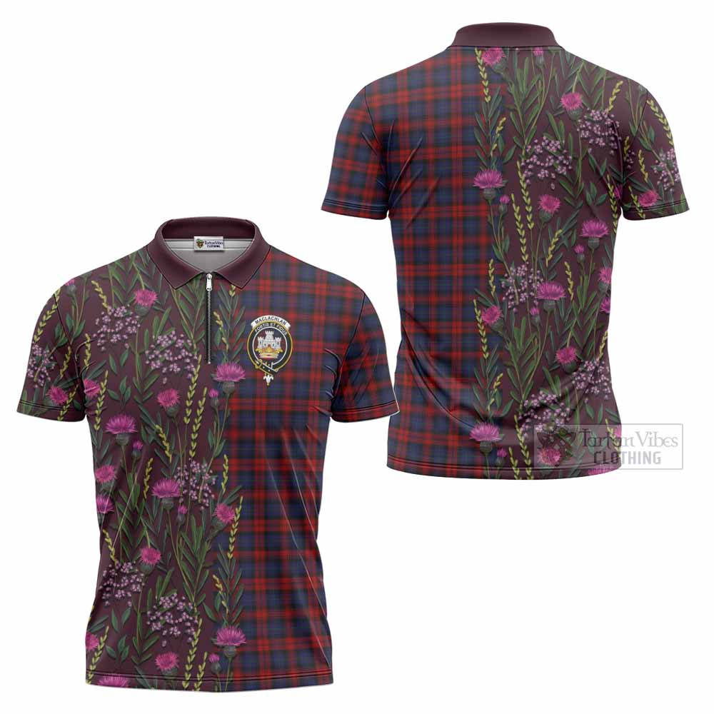 MacLachlan (McLachlan) Family Crest Tartan Zipper Polo Shirt Scottish Thistle Flower Pattern Half Style - Tartan Vibes Clothing