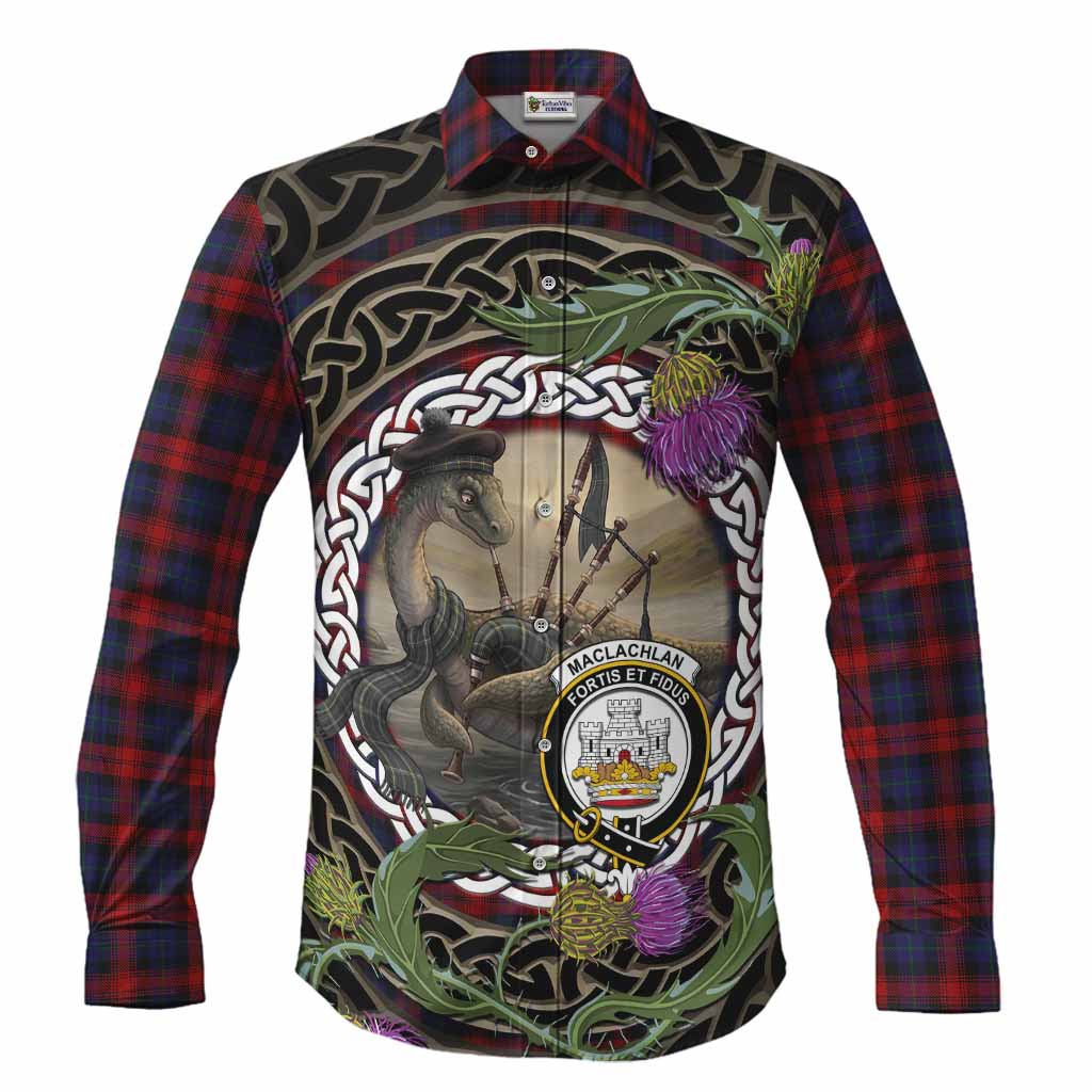 MacLachlan (McLachlan) Tartan Crest Bagpipe Nessie Long Sleeve Button Shirts Scottish Loch Ness Monster Celtic Thistle