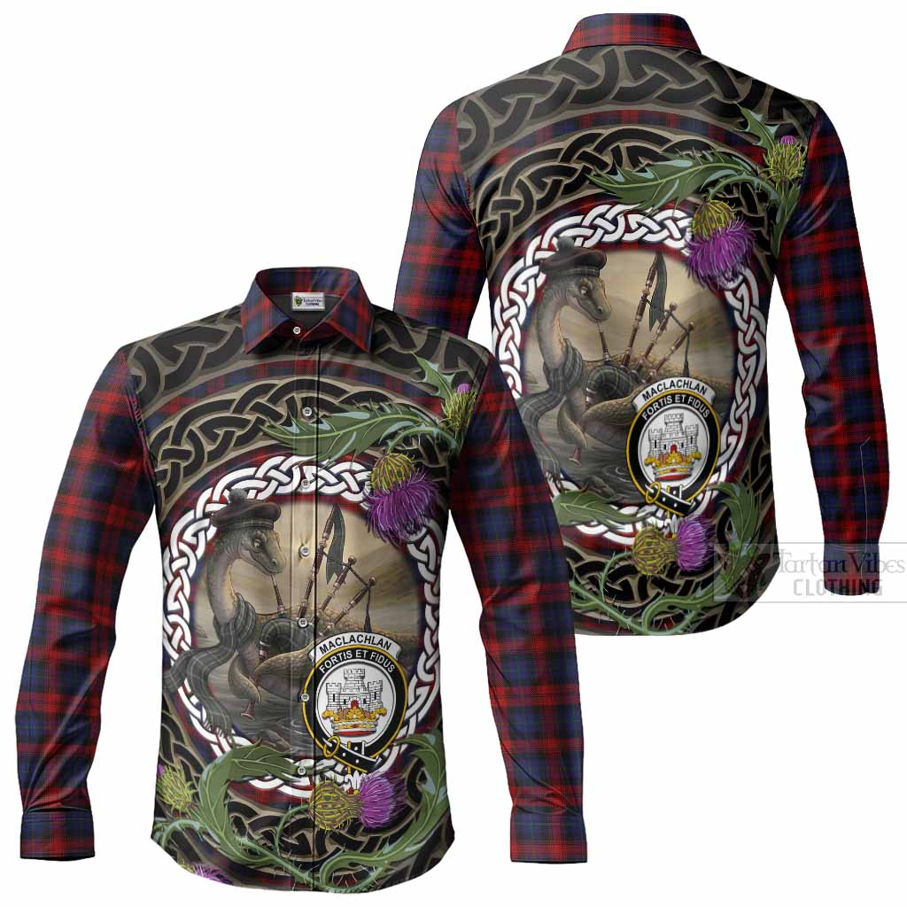 MacLachlan (McLachlan) Tartan Crest Bagpipe Nessie Long Sleeve Button Shirts Scottish Loch Ness Monster Celtic Thistle