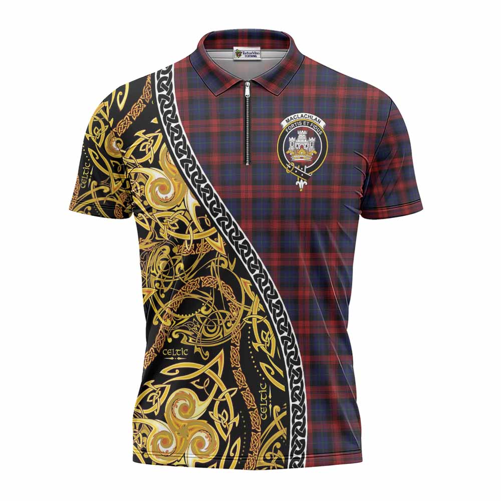 MacLachlan (McLachlan) Tartan Crest Zipper Polo Shirt Celtic Knot and Triple Trickle Spiral Symbols