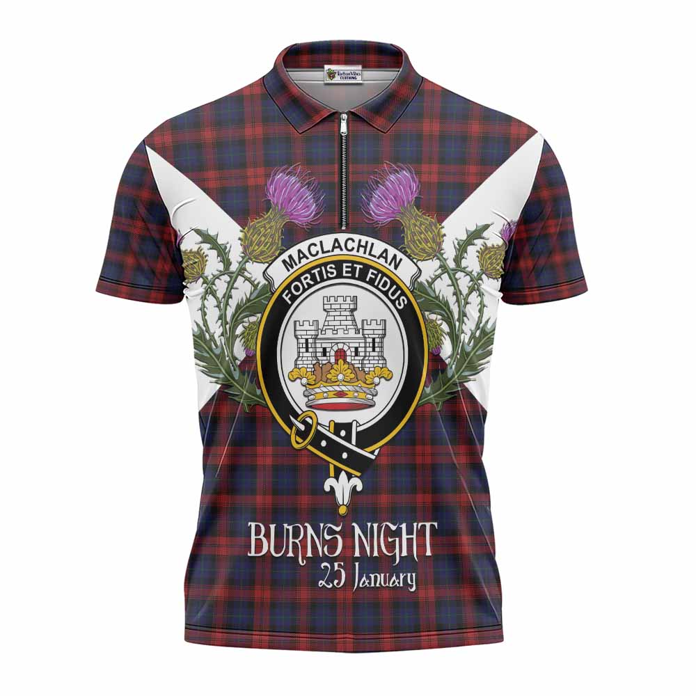 MacLachlan (McLachlan) Tartan Family Crest Zipper Polo Shirt Scottish Burns Night Thistle Floral