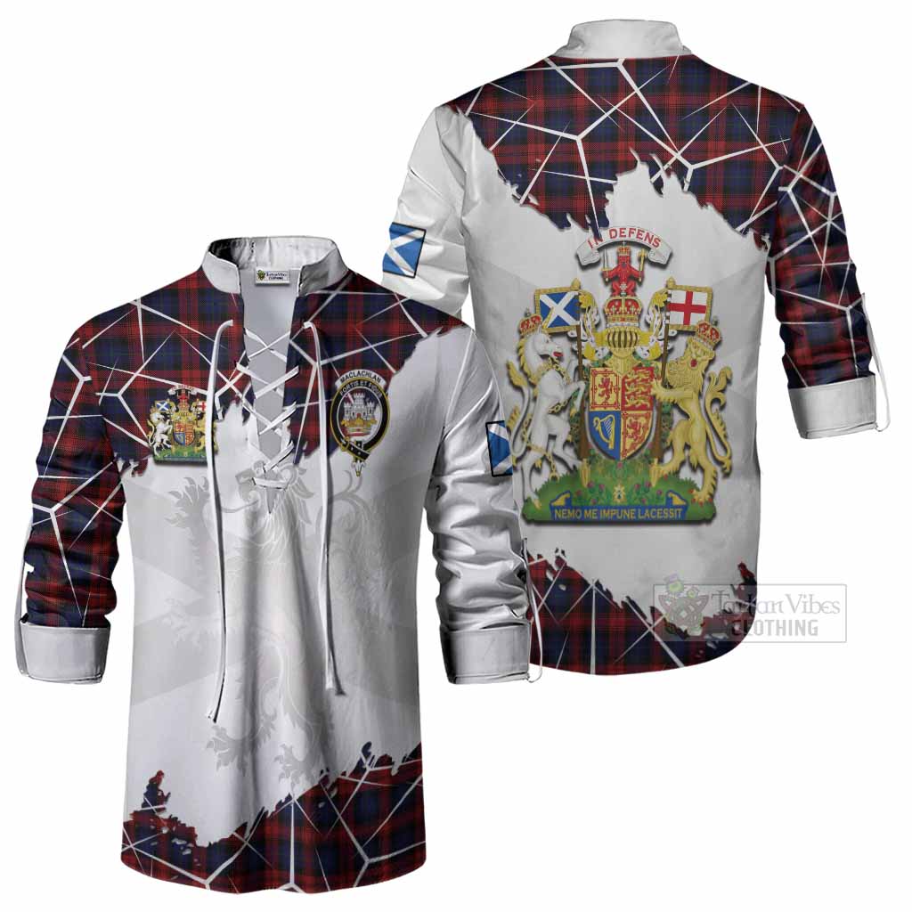MacLachlan (McLachlan) Tartan Ghillie Shirt with Family Crest and Lion Rampant Grunge Style