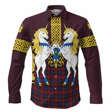 MacLachlan (McLachlan) Tartan Long Sleeve Button Shirts Unicorn Celtic Knot And Thistle Emblem