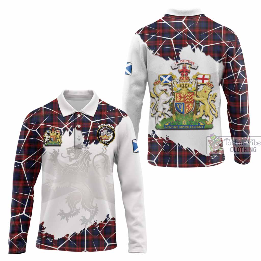MacLachlan (McLachlan) Tartan Long Sleeve Polo Shirt with Family Crest and Lion Rampant Grunge Style