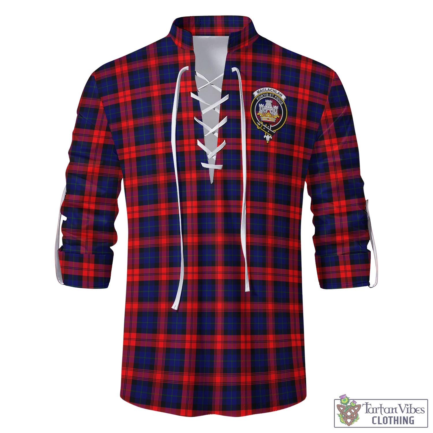 Tartan Vibes Clothing MacLachlan Modern Tartan Men's Scottish Traditional Jacobite Ghillie Kilt Shirt with Family Crest