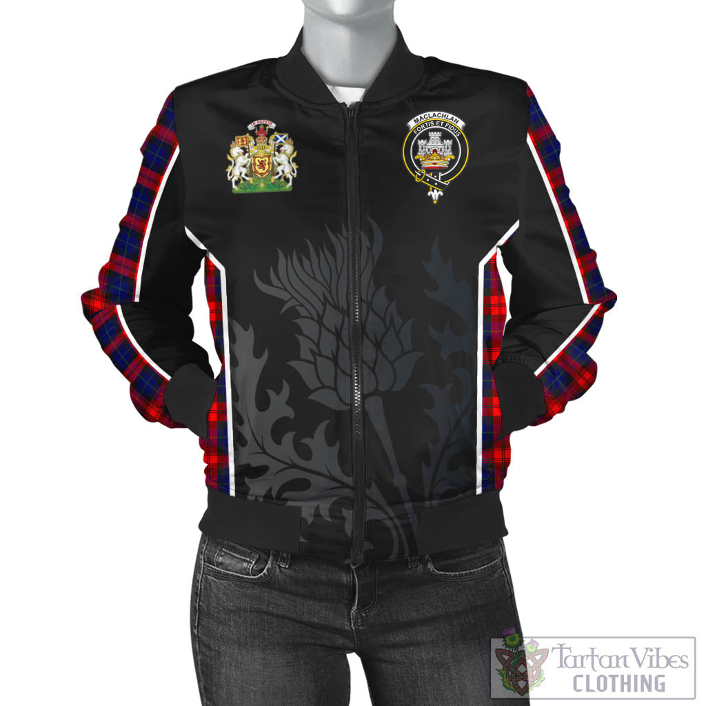 Tartan Vibes Clothing MacLachlan Modern Tartan Bomber Jacket with Family Crest and Scottish Thistle Vibes Sport Style
