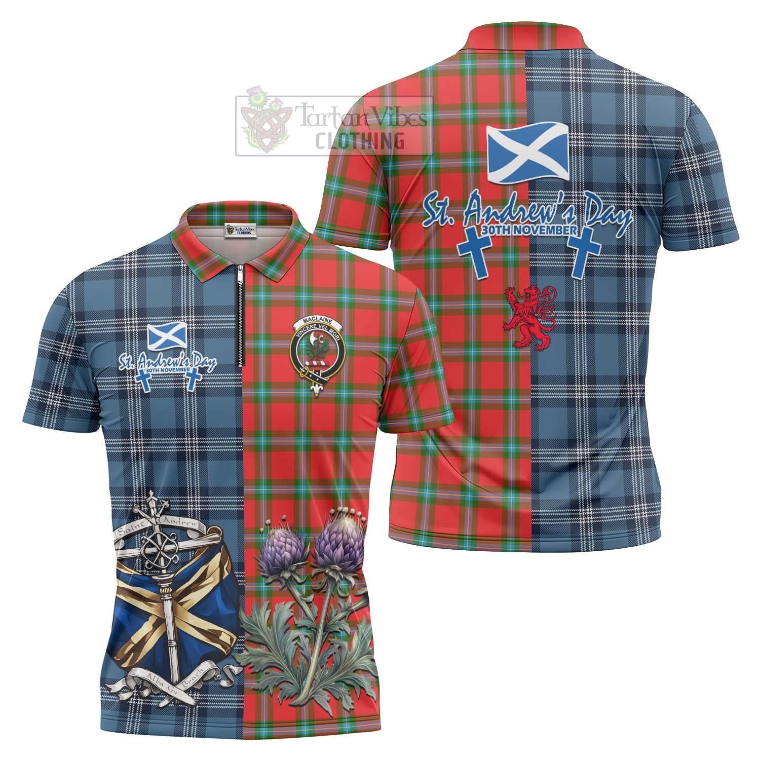 Tartan Vibes Clothing MacLaine (McLaine) Tartan Zipper Polo Shirt Happy St. Andrew's Day Half Tartan Style