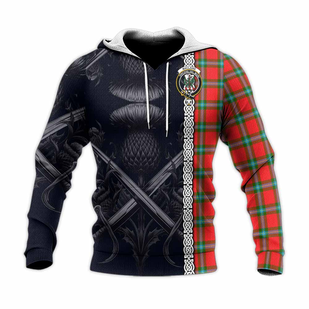 Tartan Vibes Clothing MacLaine (McLaine) Tartan Knitted Hoodie with Family Crest Cross Sword Thistle Celtic Vibes