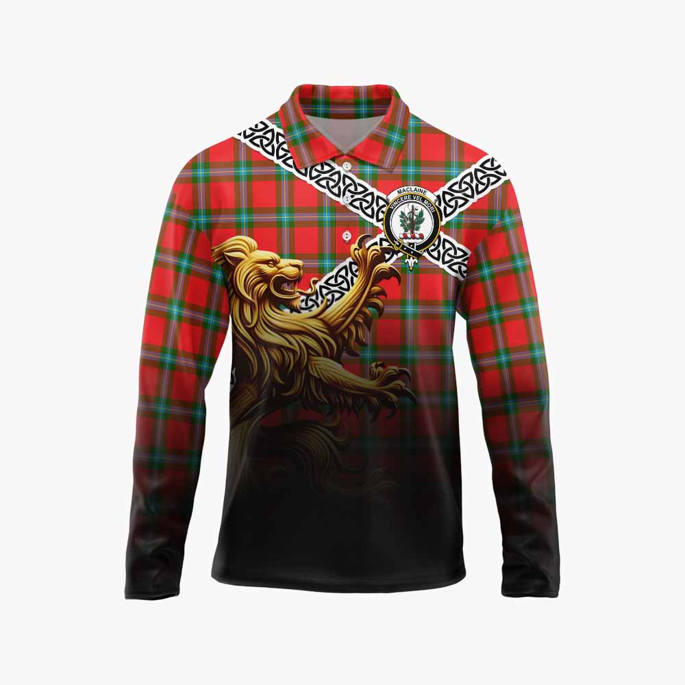 Tartan Vibes Clothing MacLaine (McLaine) Crest Tartan Long Sleeve Polo Shirt with Golden Lion Emblem Celtic Style