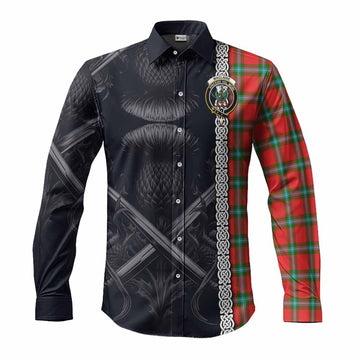MacLaine (McLaine) Tartan Long Sleeve Button Shirt with Family Crest Cross Sword Thistle Celtic Vibes
