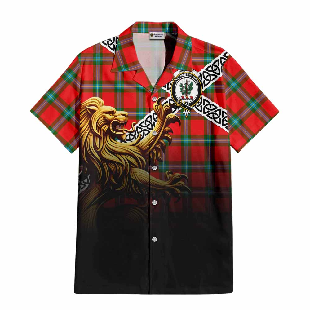 Tartan Vibes Clothing MacLaine (McLaine) Crest Tartan Short Sleeve Button Shirt with Golden Lion Emblem Celtic Style