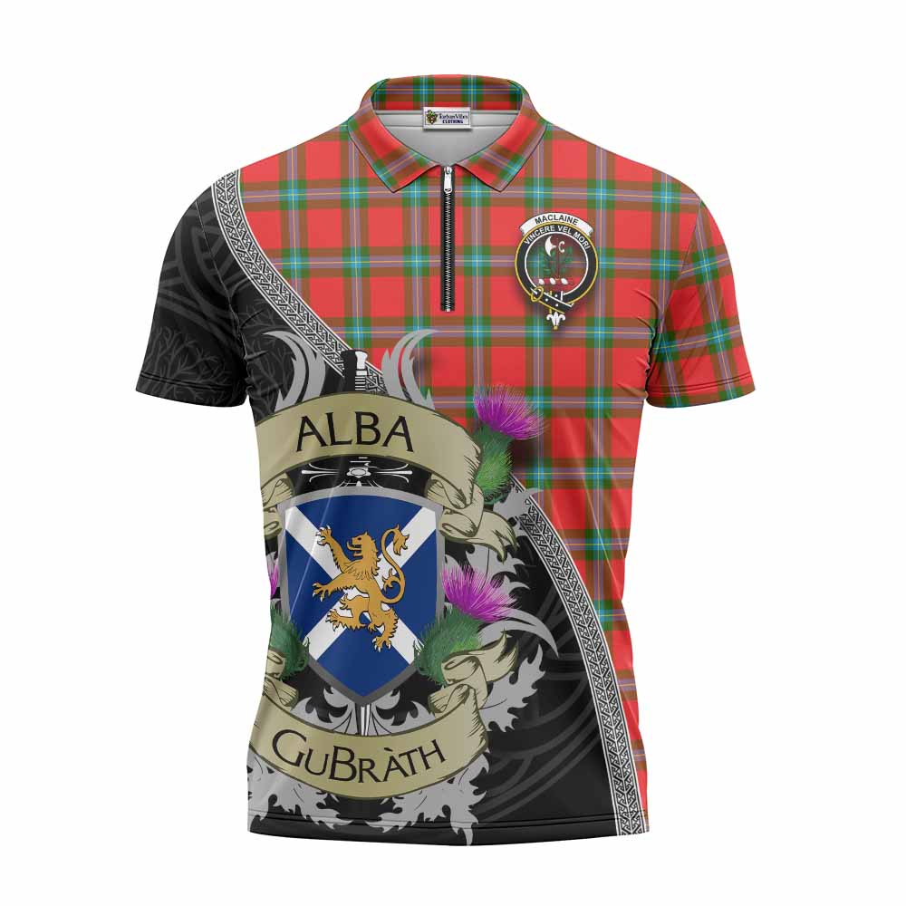Tartan Vibes Clothing MacLaine (McLaine) Tartan Family Crest Zipper Polo Shirt Lion Rampant Royal Thistle Shield Celtic Inspired
