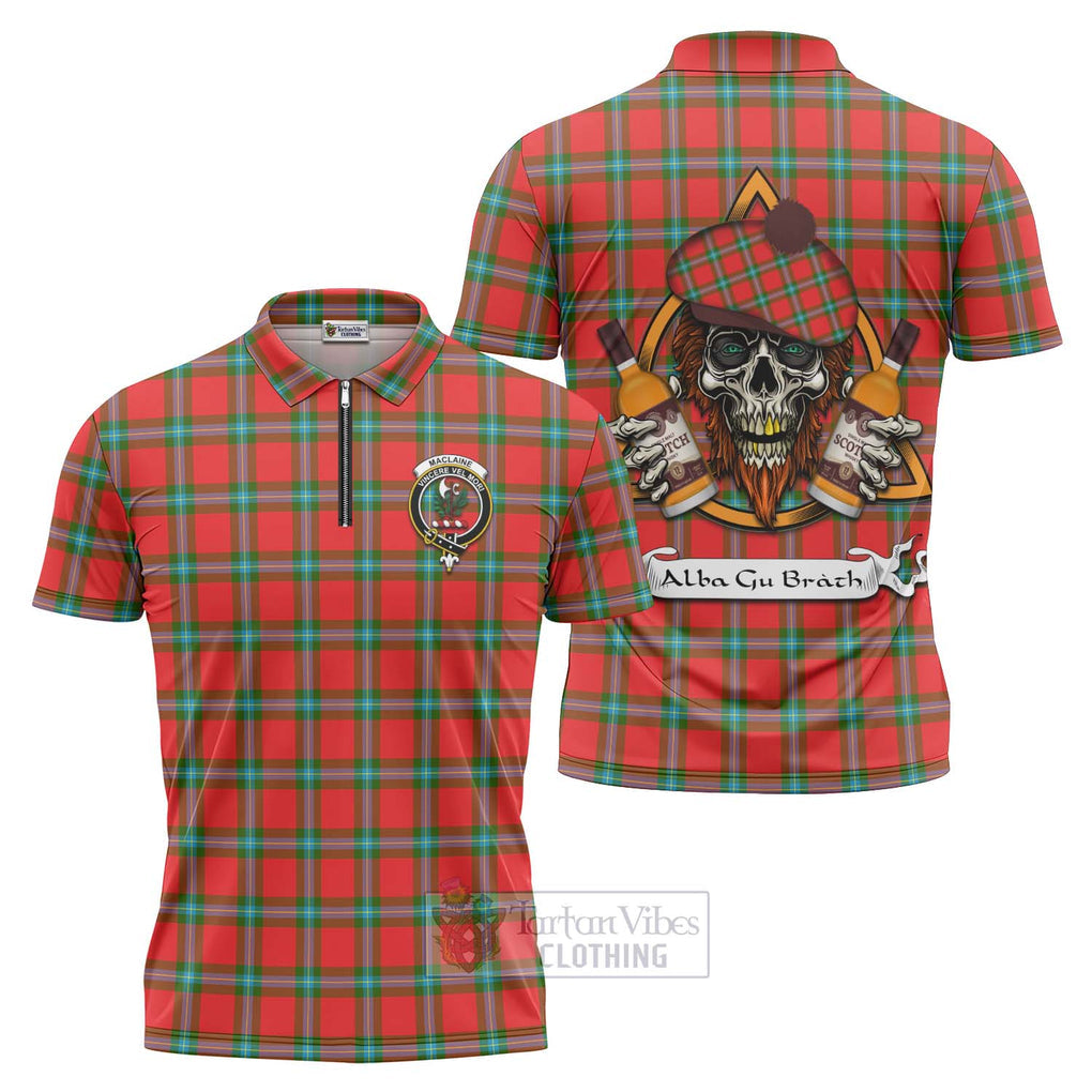 Tartan Vibes Clothing MacLaine (McLaine) Tartan Zipper Polo Shirt with Family Crest and Bearded Skull Holding Bottles of Whiskey