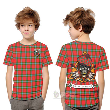 Tartan Vibes Clothing MacLaine (McLaine) Tartan Kid T-Shirt with Family Crest and Bearded Skull Holding Bottles of Whiskey
