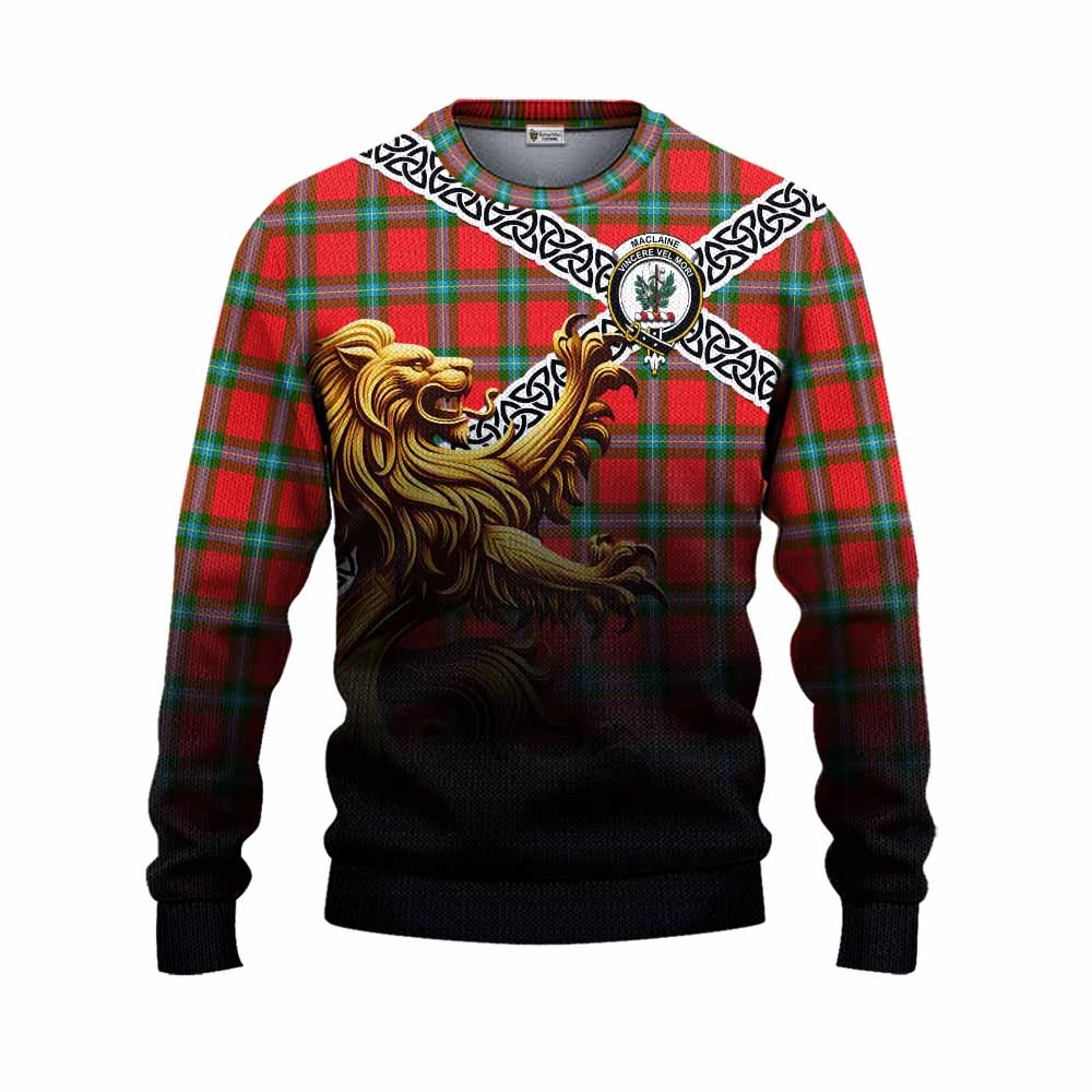 Tartan Vibes Clothing MacLaine (McLaine) Crest Tartan Knitted Sweater with Golden Lion Emblem Celtic Style