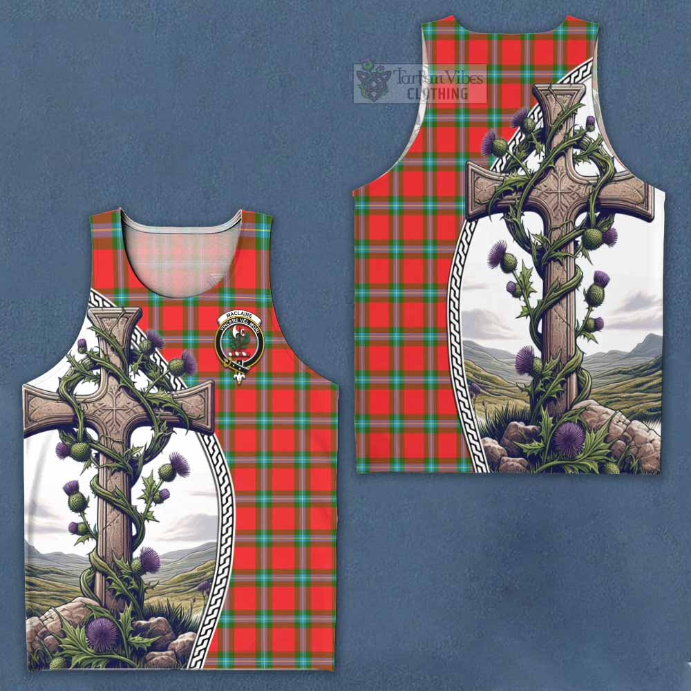 Tartan Vibes Clothing MacLaine (McLaine) Tartan Men's Tank Top with Family Crest and St. Andrew's Cross Accented by Thistle Vines