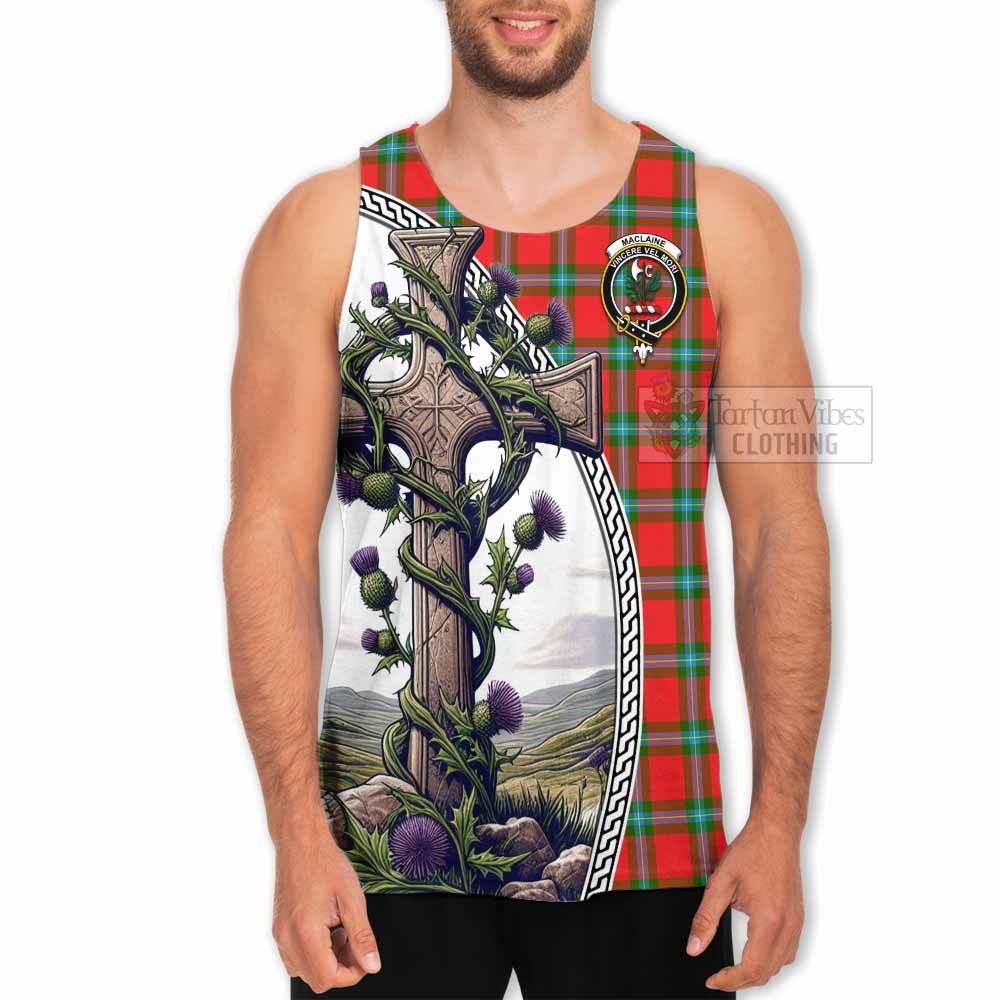 Tartan Vibes Clothing MacLaine (McLaine) Tartan Men's Tank Top with Family Crest and St. Andrew's Cross Accented by Thistle Vines