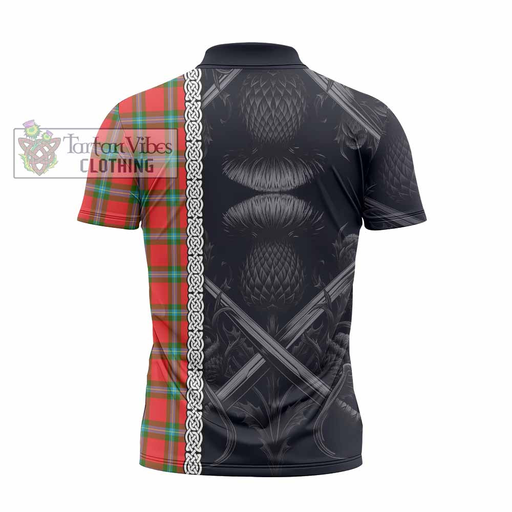 Tartan Vibes Clothing MacLaine (McLaine) Tartan Zipper Polo Shirt with Family Crest Cross Sword Thistle Celtic Vibes