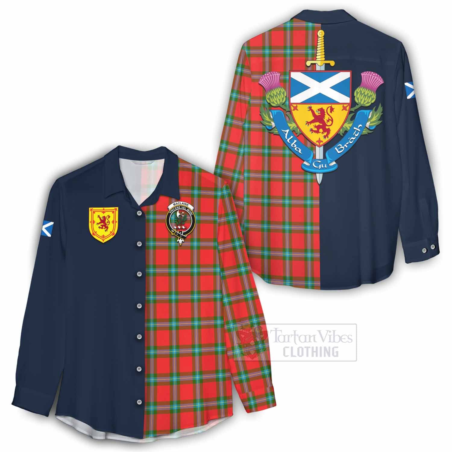 Tartan Vibes Clothing MacLaine (McLaine) Tartan Women's Casual Shirt Alba with Scottish Lion Royal Arm Half Style