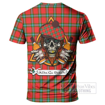 MacLaine (McLaine) Tartan T-Shirt with Family Crest and Bearded Skull Holding Bottles of Whiskey - Tartan Vibes Clothing
