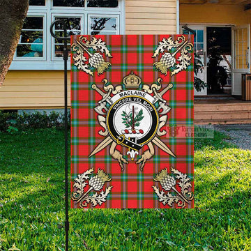 Tartan Vibes Clothing MacLaine (McLaine) Tartan Flag with Family Crest and Golden Thistle Crossed Sword Design