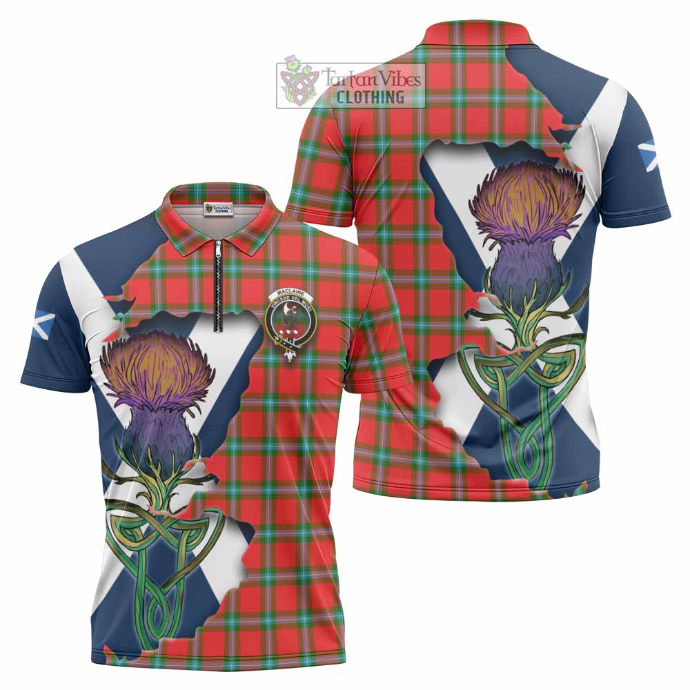 Tartan Vibes Clothing MacLaine (McLaine) Tartan Family Crest Zipper Polo Shirt Scottish Thistle Celtic Inspired