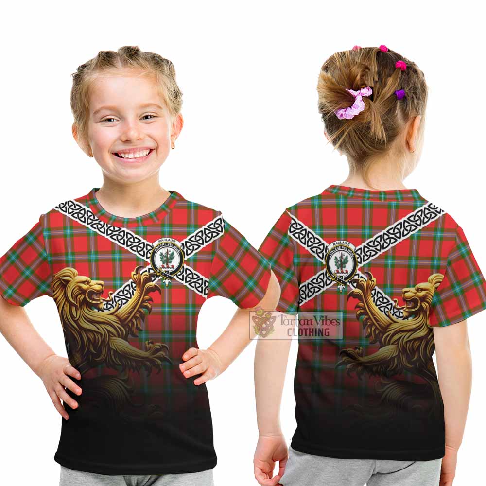 Tartan Vibes Clothing MacLaine (McLaine) Crest Tartan Kid T-Shirt with Golden Lion Emblem Celtic Style