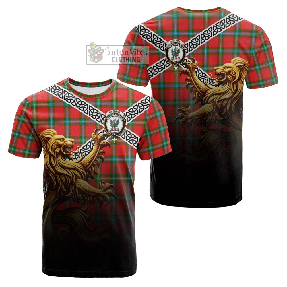 Tartan Vibes Clothing MacLaine (McLaine) Crest Tartan Cotton T-shirt with Golden Lion Emblem Celtic Style