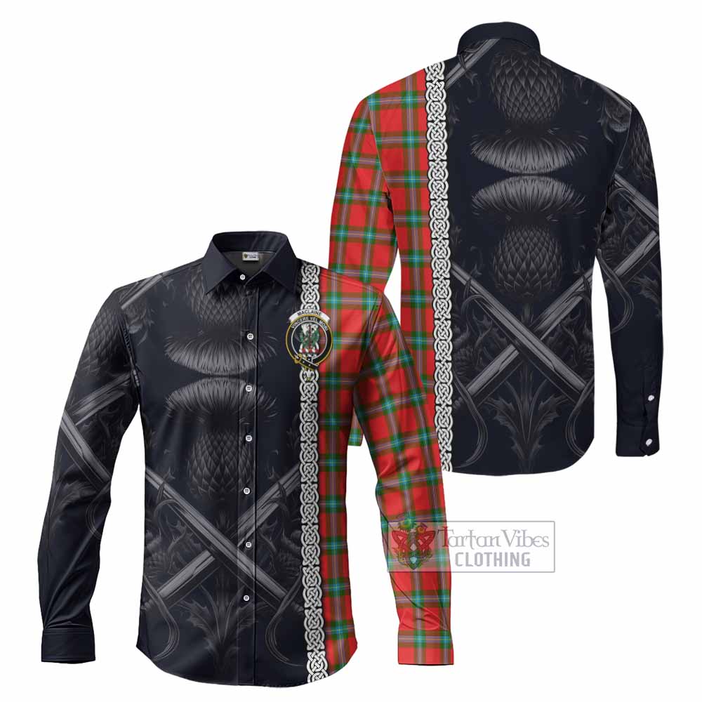 Tartan Vibes Clothing MacLaine (McLaine) Tartan Long Sleeve Button Shirt with Family Crest Cross Sword Thistle Celtic Vibes