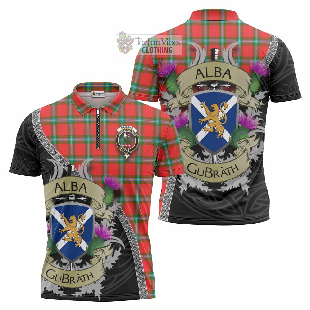 Tartan Vibes Clothing MacLaine (McLaine) Tartan Family Crest Zipper Polo Shirt Lion Rampant Royal Thistle Shield Celtic Inspired