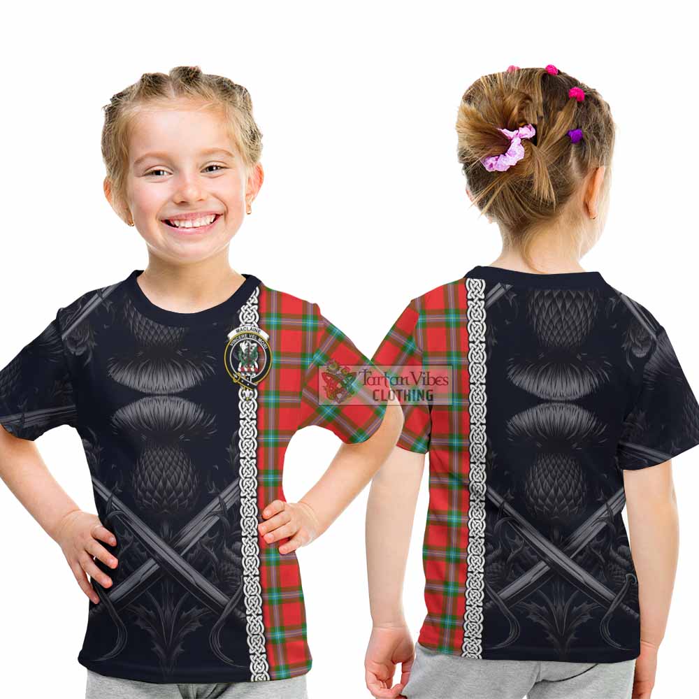 Tartan Vibes Clothing MacLaine (McLaine) Tartan Kid T-Shirt with Family Crest Cross Sword Thistle Celtic Vibes