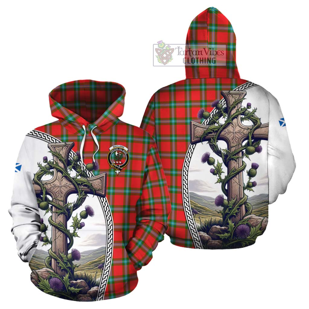 Tartan Vibes Clothing MacLaine (McLaine) Tartan Cotton Hoodie with Family Crest and St. Andrew's Cross Accented by Thistle Vines