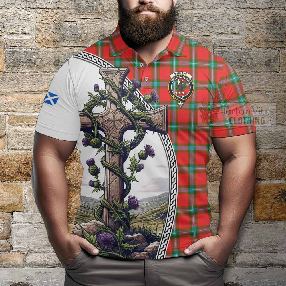 Tartan Vibes Clothing MacLaine (McLaine) Tartan Polo Shirt with Family Crest and St. Andrew's Cross Accented by Thistle Vines
