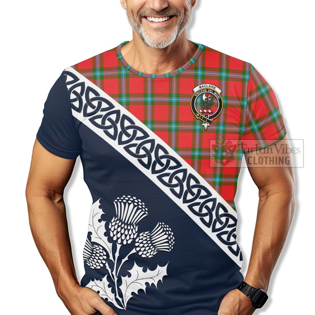 MacLaine (McLaine) Tartan T-Shirt Featuring Thistle and Scotland Map - Tartanvibesclothing Store