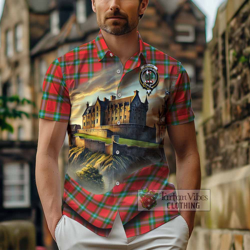 Tartan Vibes Clothing MacLaine (McLaine) Tartan Family Crest Short Sleeve Button Shirt with Scottish Ancient Castle Style