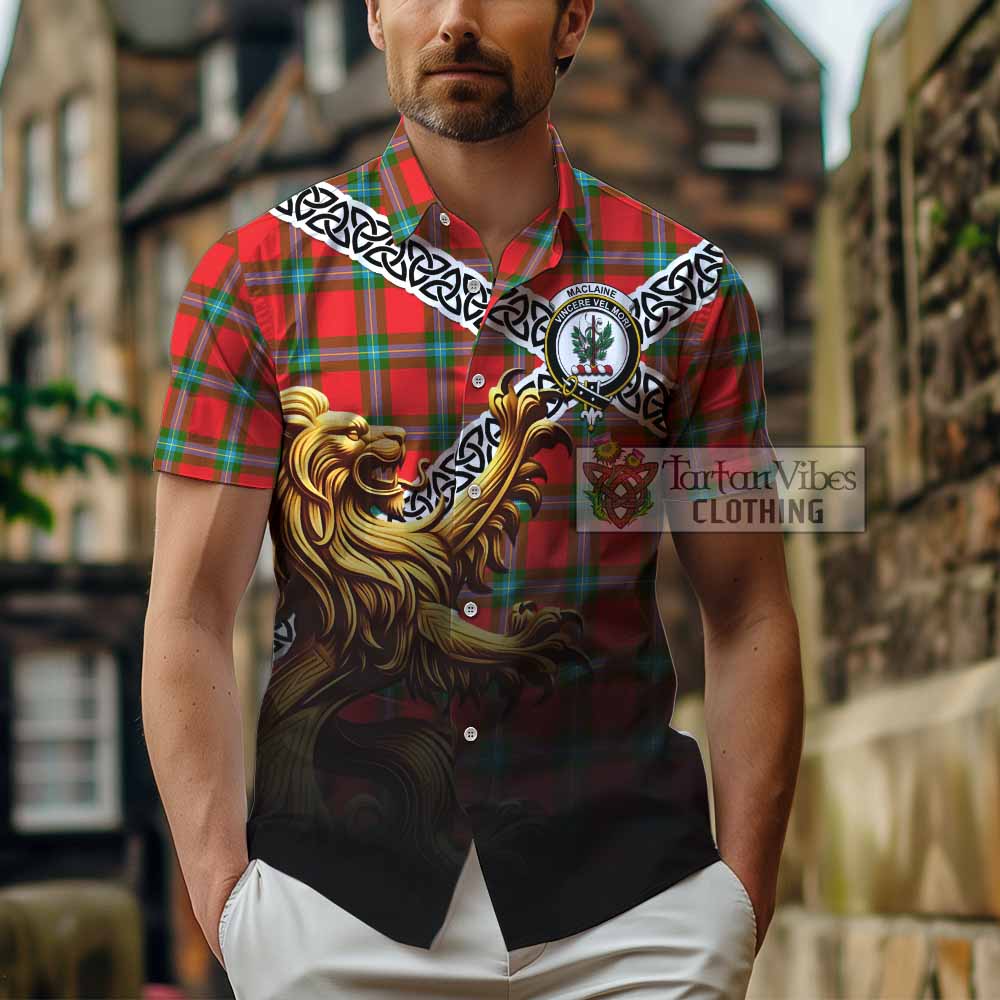 Tartan Vibes Clothing MacLaine (McLaine) Crest Tartan Short Sleeve Button Shirt with Golden Lion Emblem Celtic Style