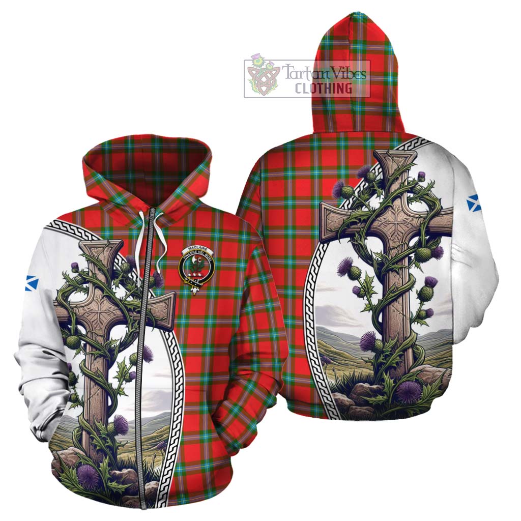 Tartan Vibes Clothing MacLaine (McLaine) Tartan Cotton Hoodie with Family Crest and St. Andrew's Cross Accented by Thistle Vines
