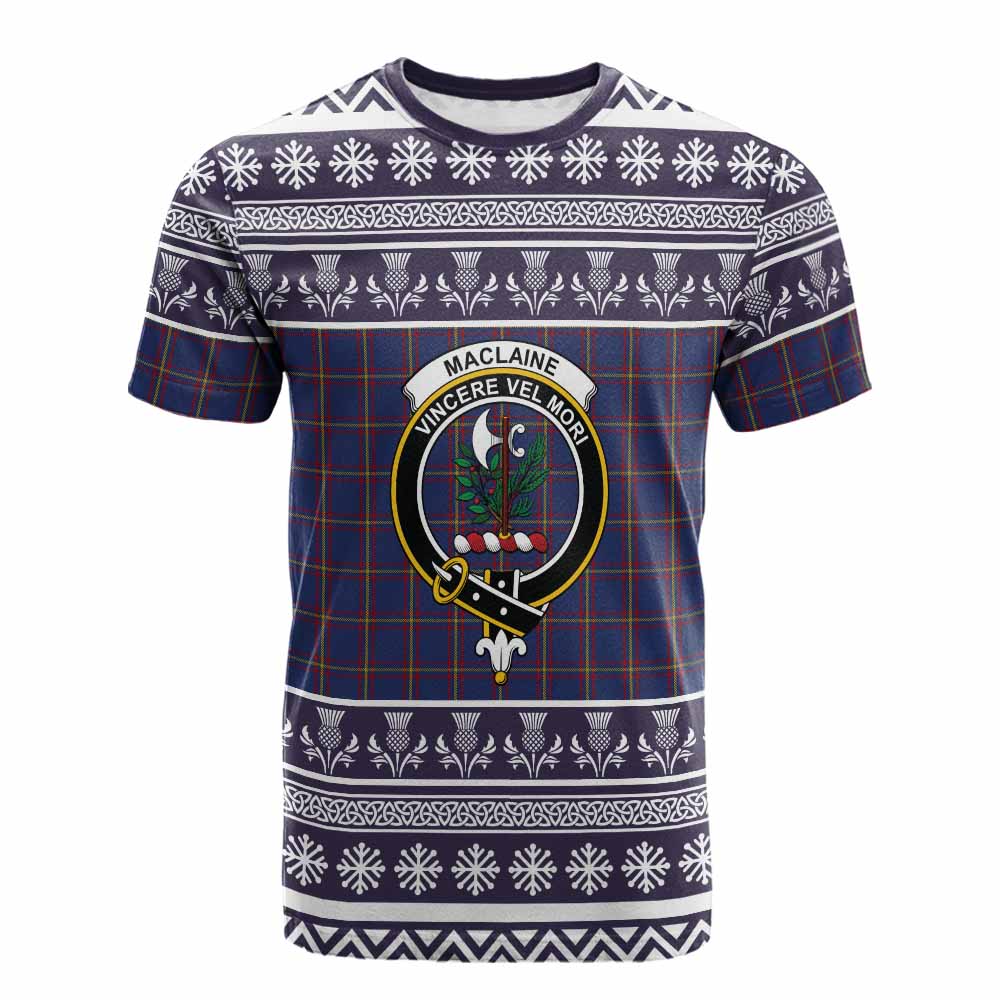 MacLaine (McLaine) Clan Tartan Christmas Cotton T-shirt with Family Crest - Tartan Vibes Clothing